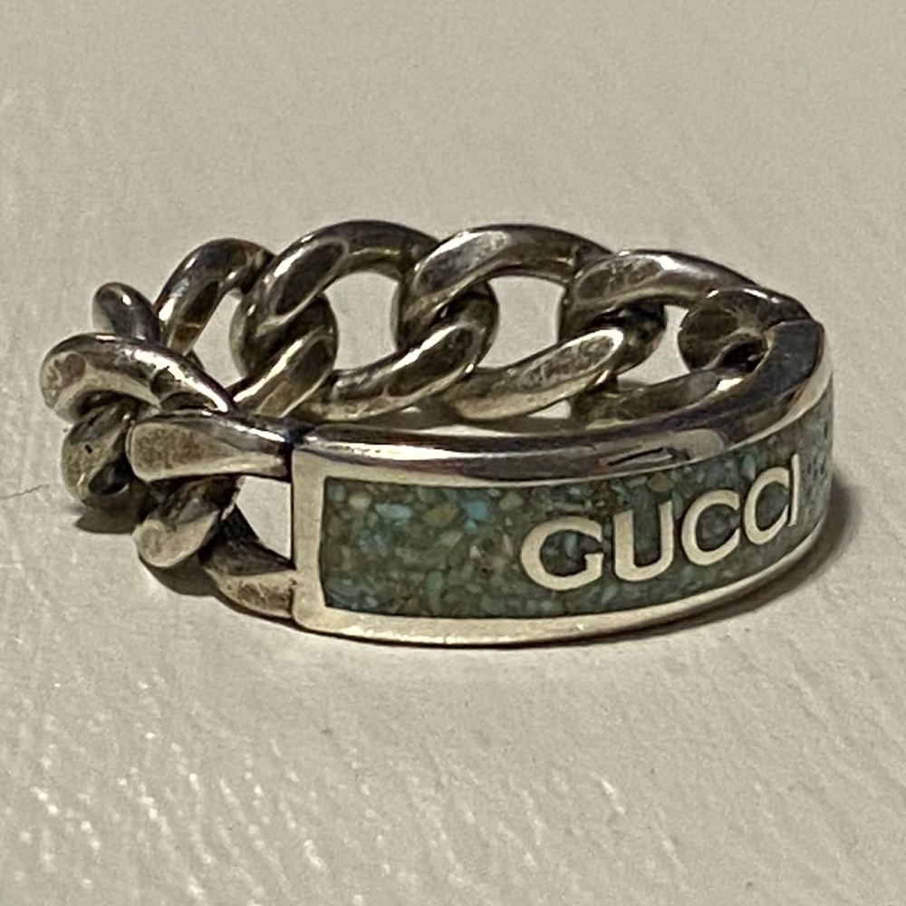 Gucci Silver Green Enamel Chain Ring Sz 10 1/2